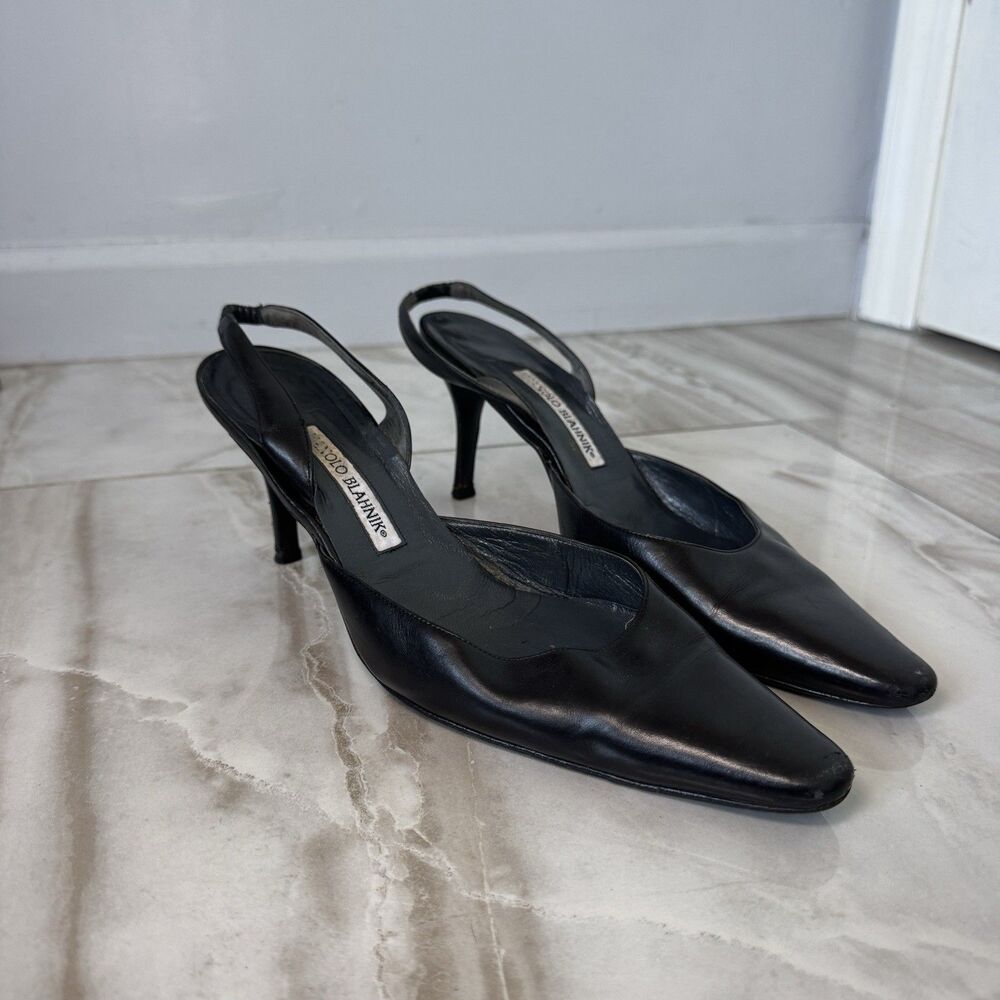 Vintage Manolo Blahnik Pointed Slingback Pumps Black Vero Cuoio Sz 41
